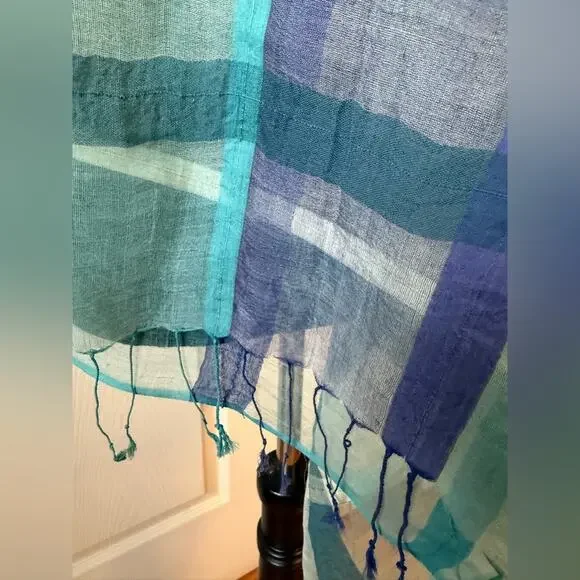 Vintage Handmade Silk Cotton Scarf Shawl Blue Plaid NWT Coastal Grandma - Picture 3 of 5